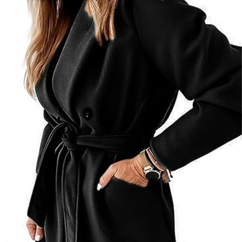 Women Double Breasted Wool Blend Notched Lapel Belted Peacoat Mid Long Coat Sz M - Picture 4 of 8